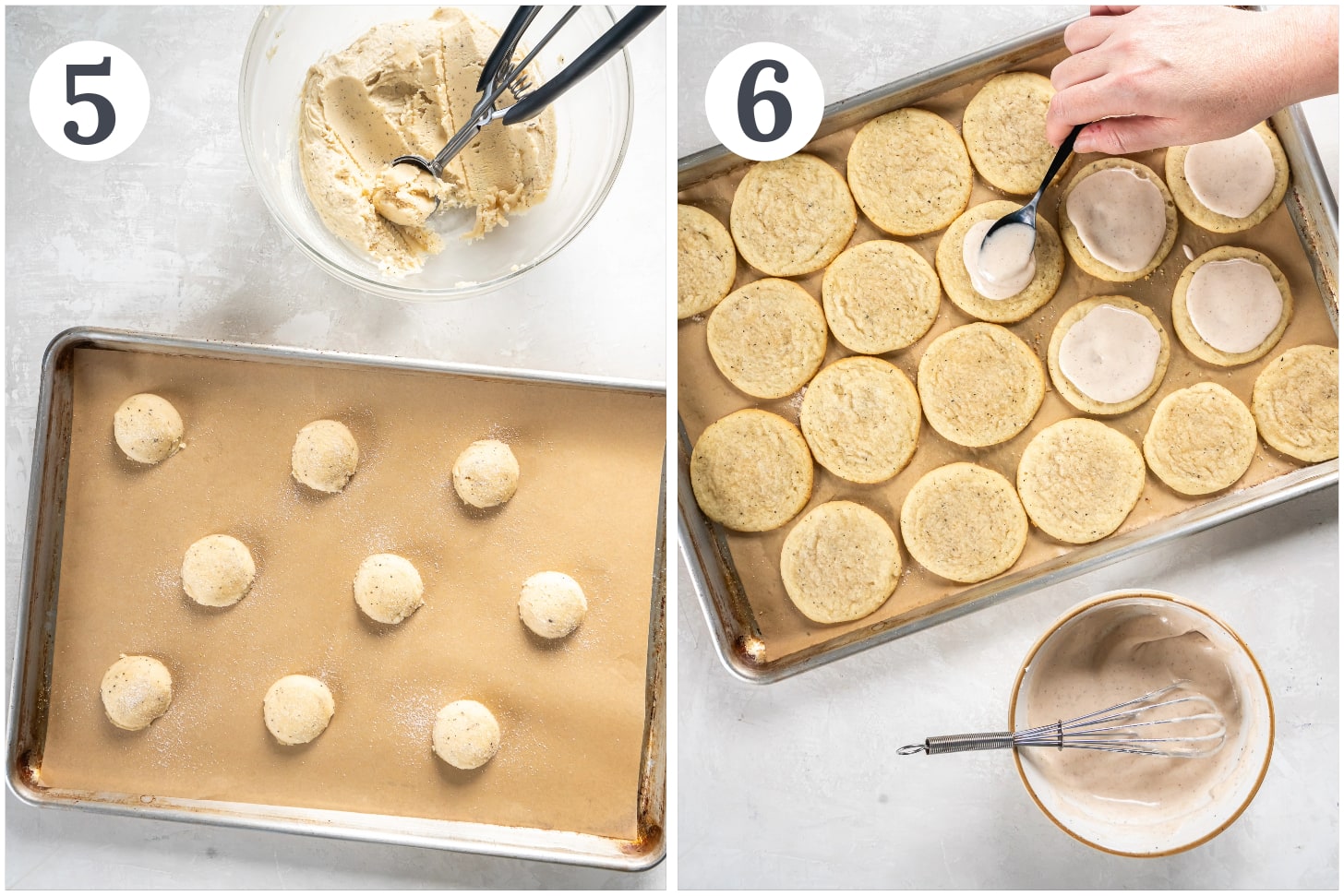 photo collage showing chai cookies before and after baking, then adding eggnog icing.