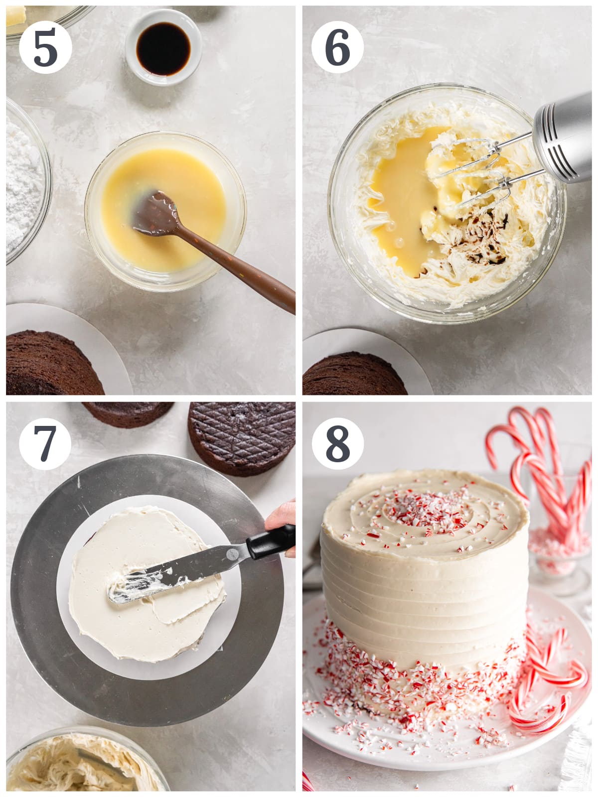 photo collage demonstrating how to make white chocolate buttercream frosting in a mixing bowl and assemble a layered cake.