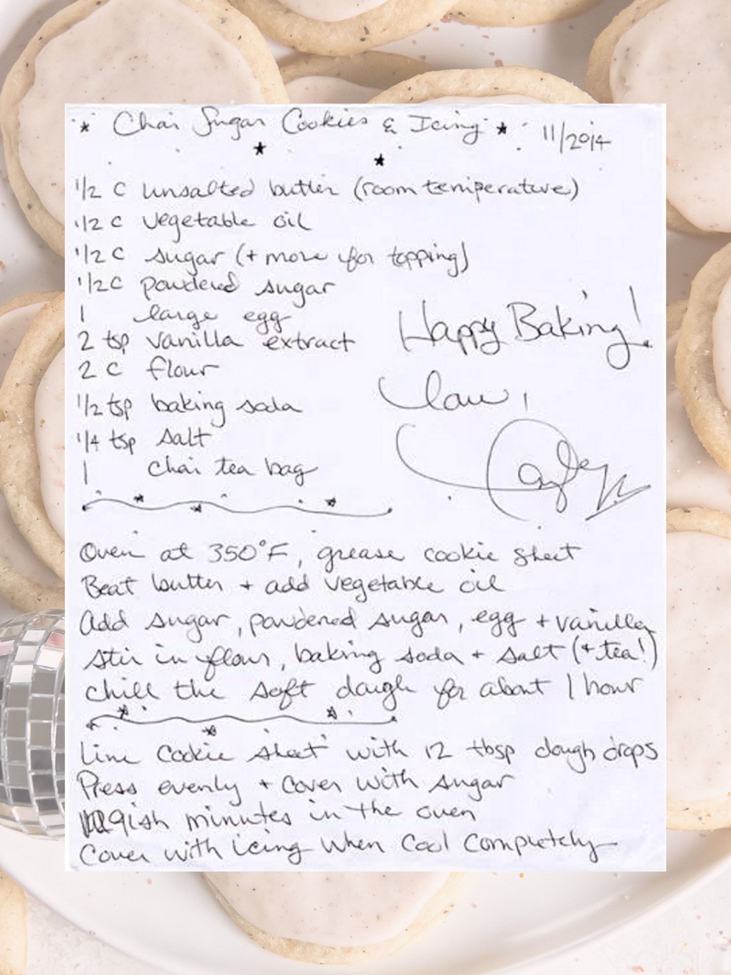 taylor swift handwritten recipe for chai cookies with icing.