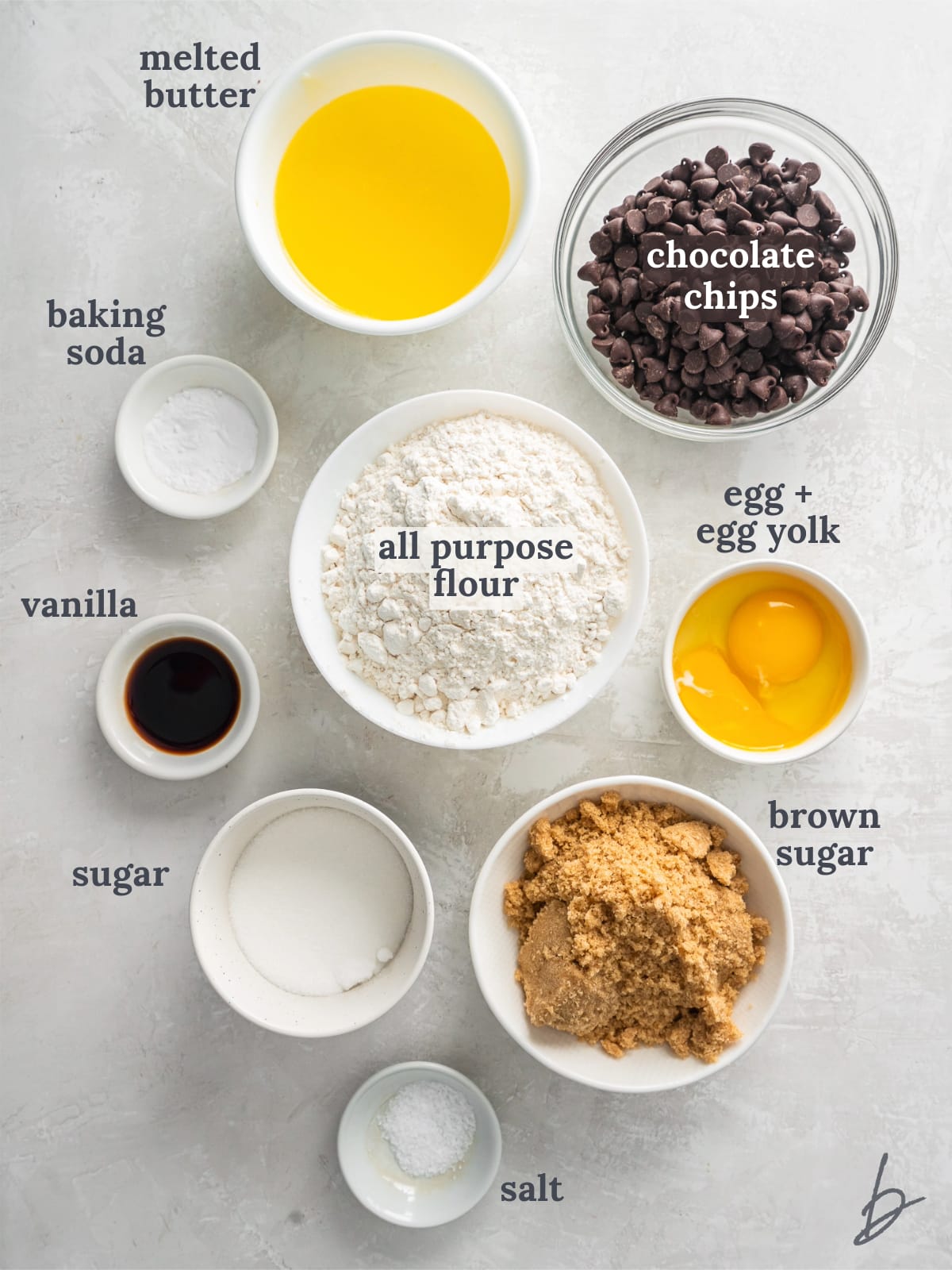 bowls of ingredients to make a skillet chocolate chip cookie.