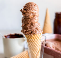 scoops of chocolate ice cream on a cone.