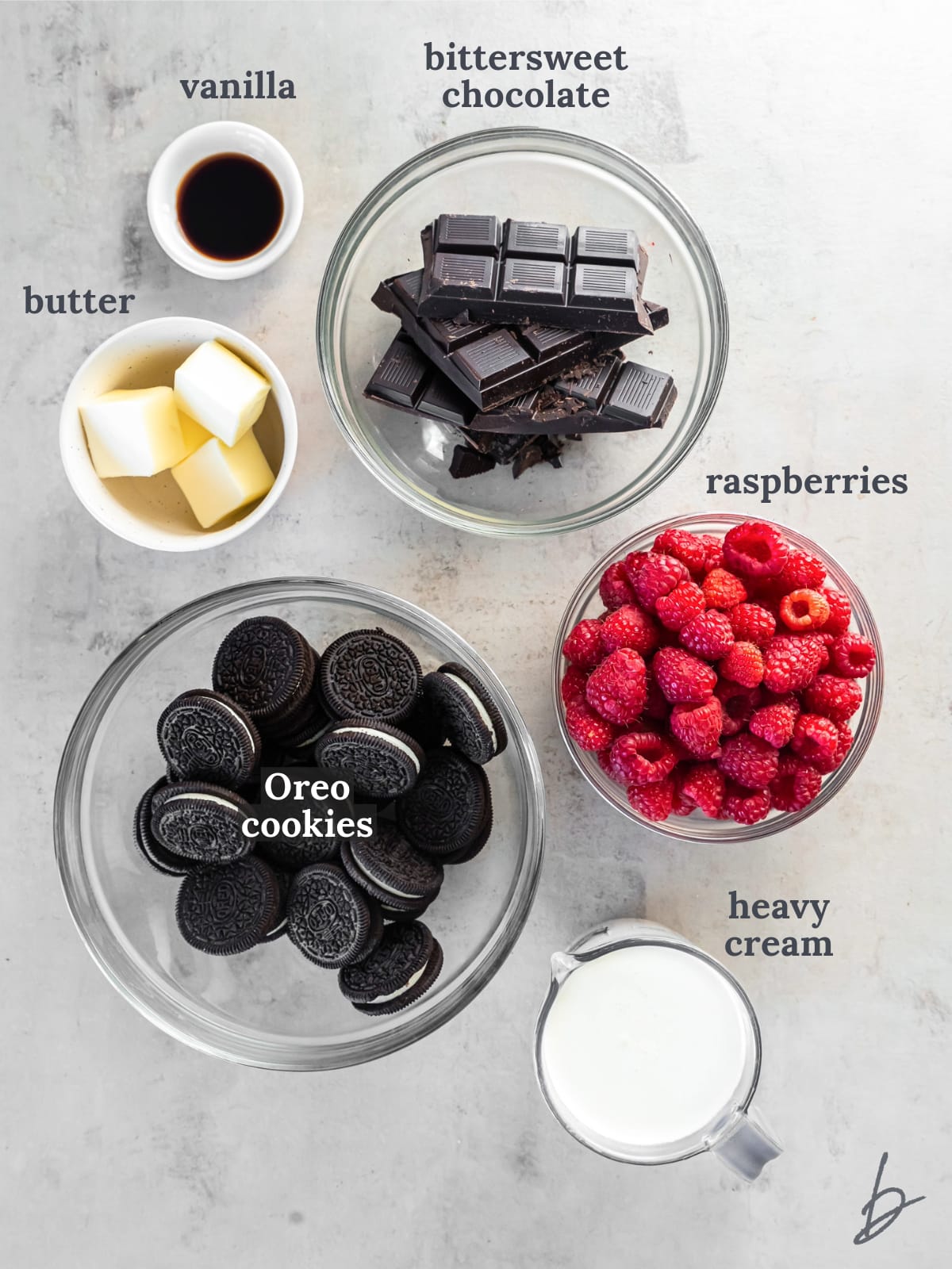 bowls of ingredients to make chocolate raspberry tart.