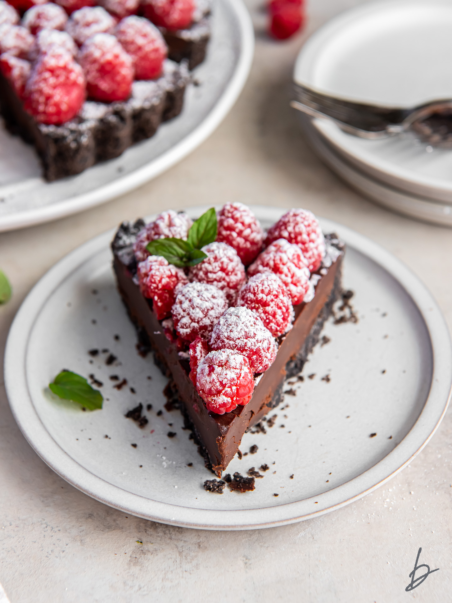 slice of chocolate raspberry tart with a sprig of mint leaves on a plate.