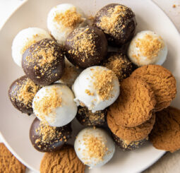 gingerbread truffles coated in white chocolate and dark chocolate.