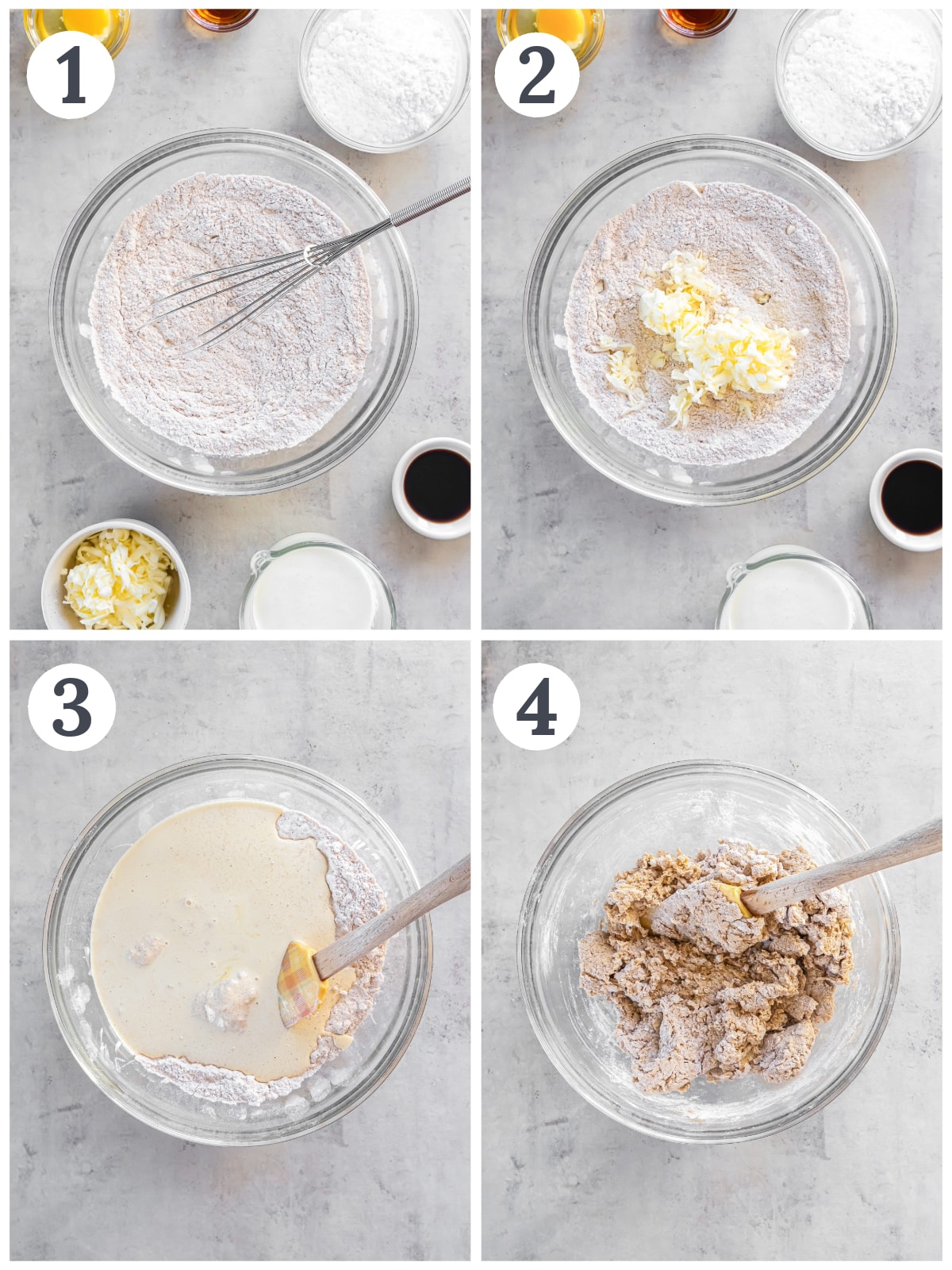 photo collage demonstrating how to make chai scones in a mixing bowl.