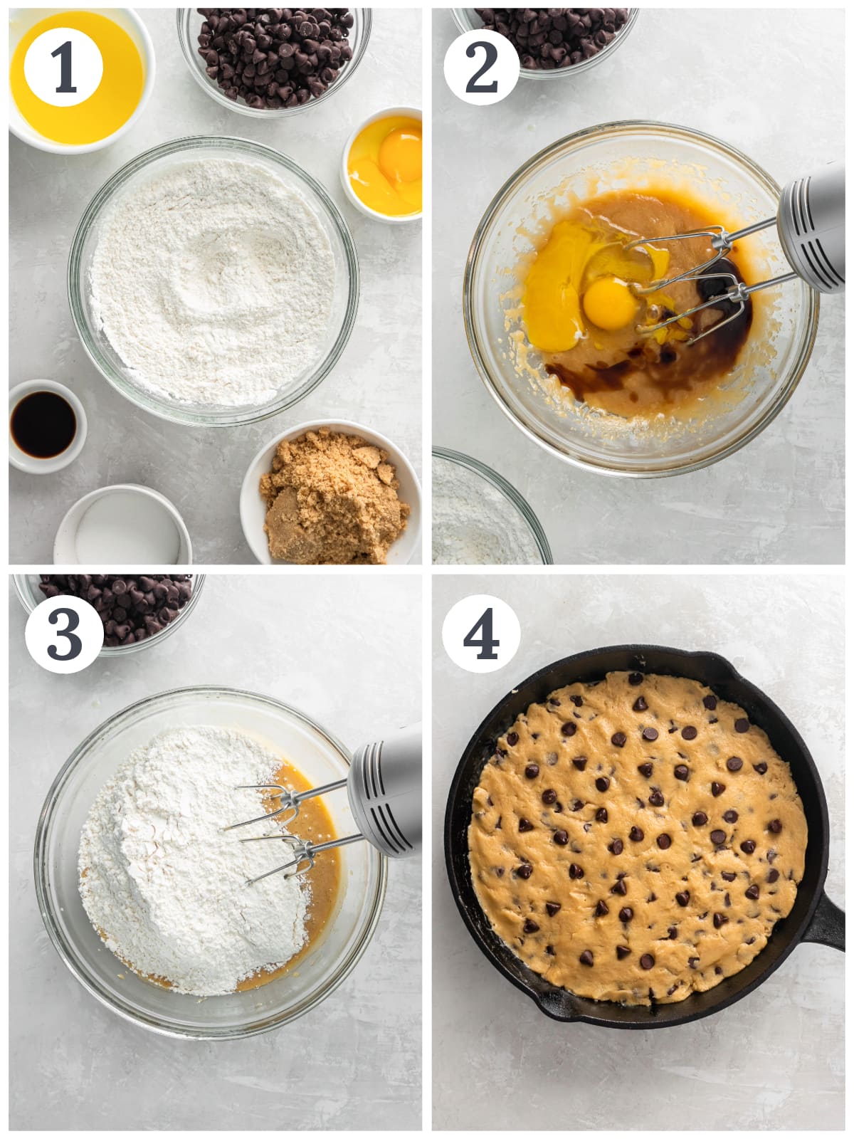 photo collage demonstrating how to make a chocolate chip skillet cookie in a mixing bowl and cast iron skillet.