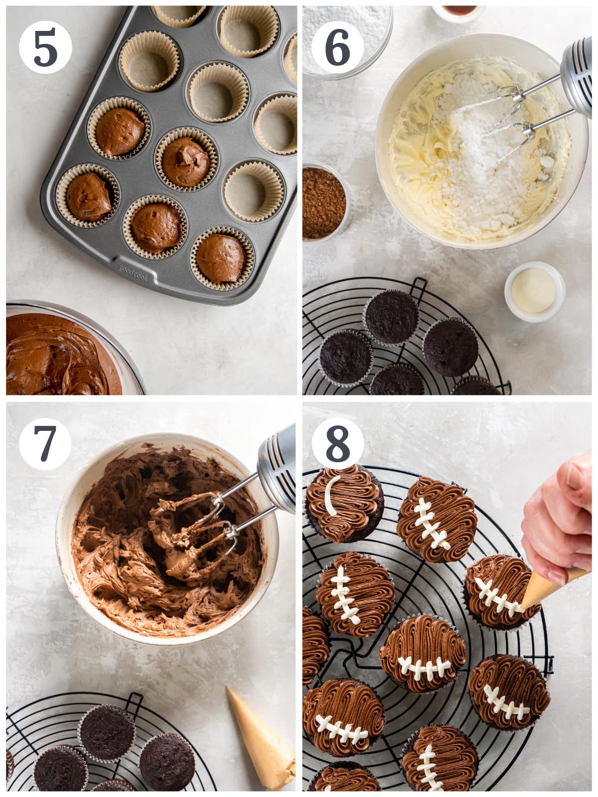 photo collage demonstrating how to make chocolate frosting and decorate football cupcakes.