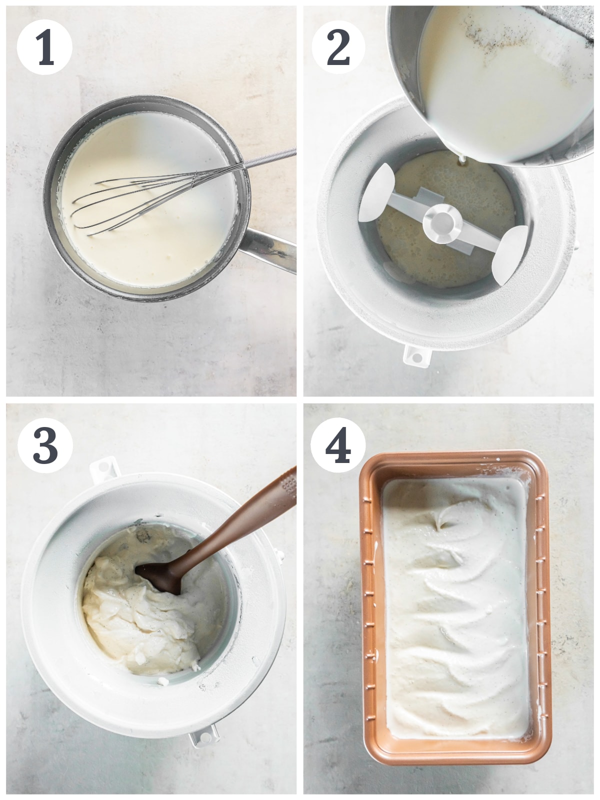 photo collage demonstrating how to make homemade vanilla ice cream in an ice cream maker.