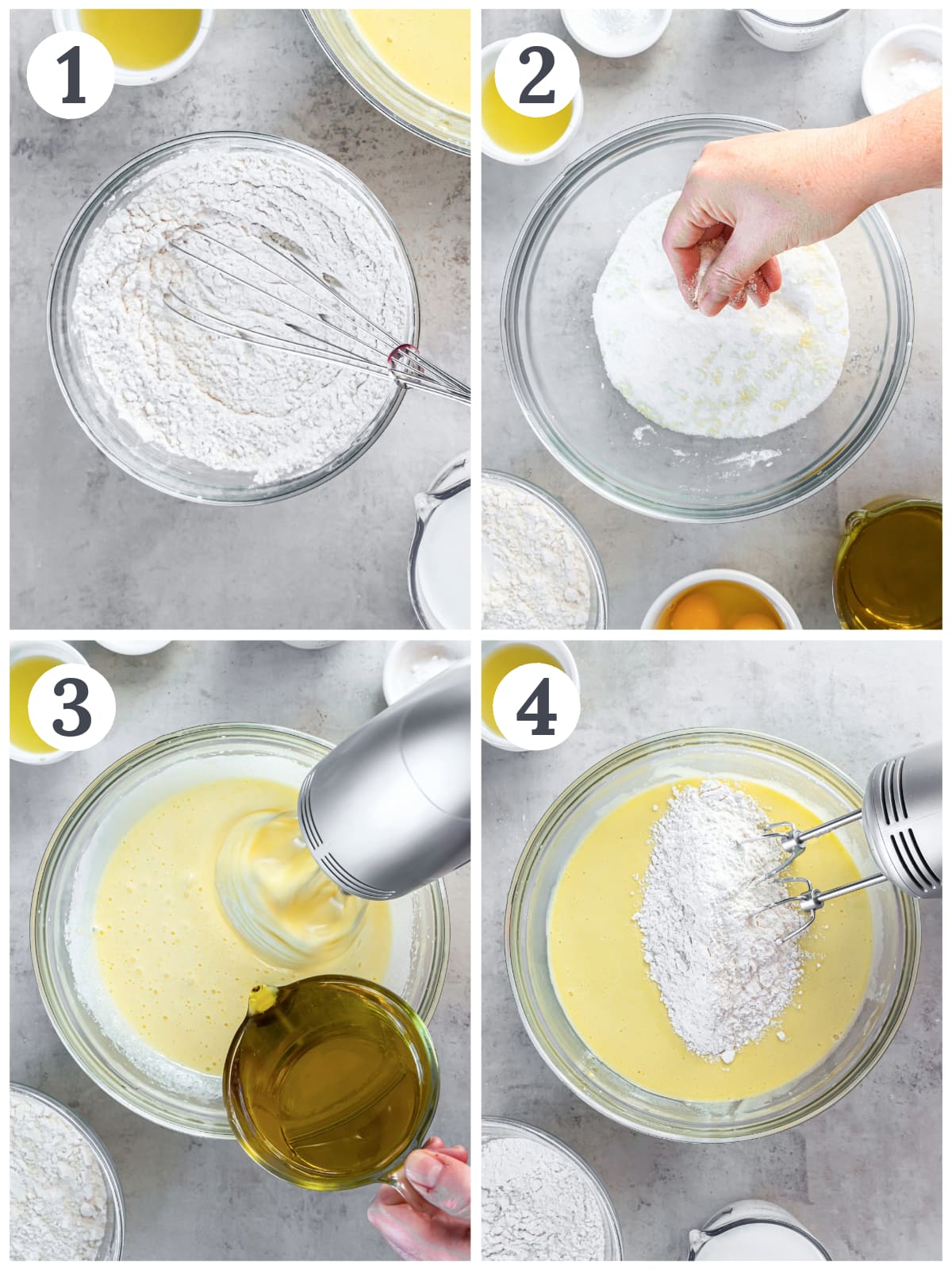 photo collage demonstrating how to make lemon olive oil cake in a mixing bowl.