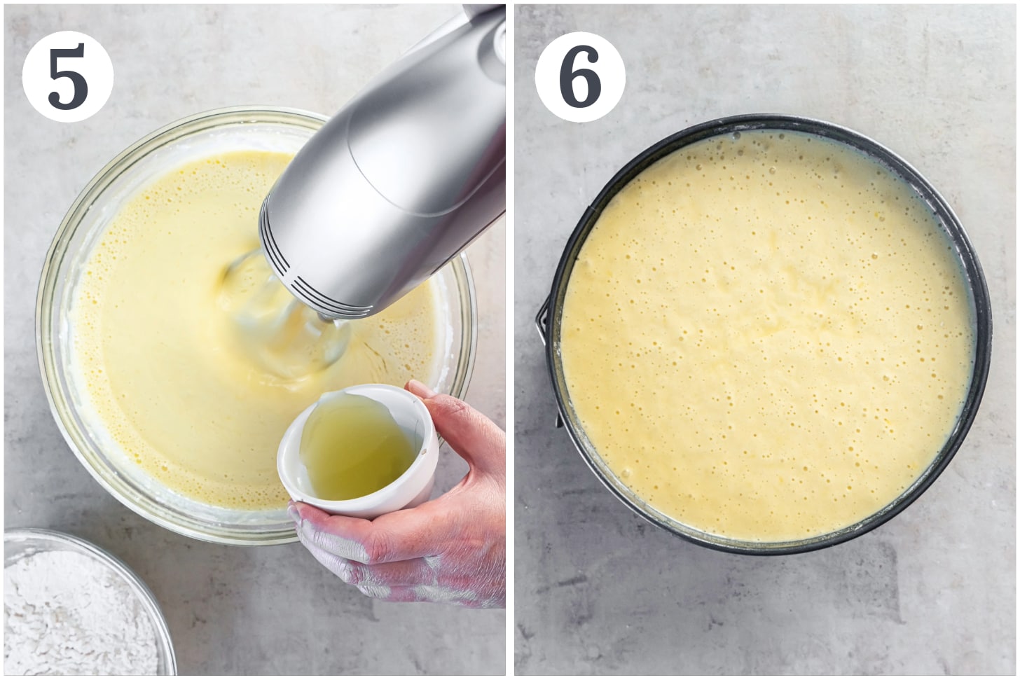 photo collage demonstrating how to make lemon olive oil cake in a mixing bowl and springform pan.