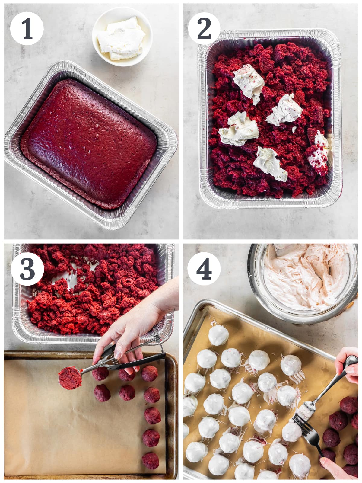 photo collage demonstrating how to make red velvet cake balls.