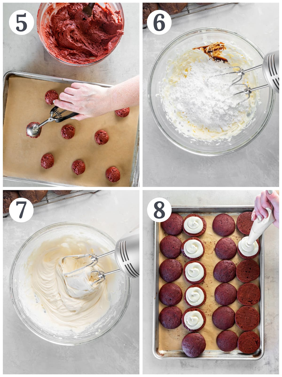 photo collage demonstrating how to make cream cheese filling and assemble red velvet whoopie pies.