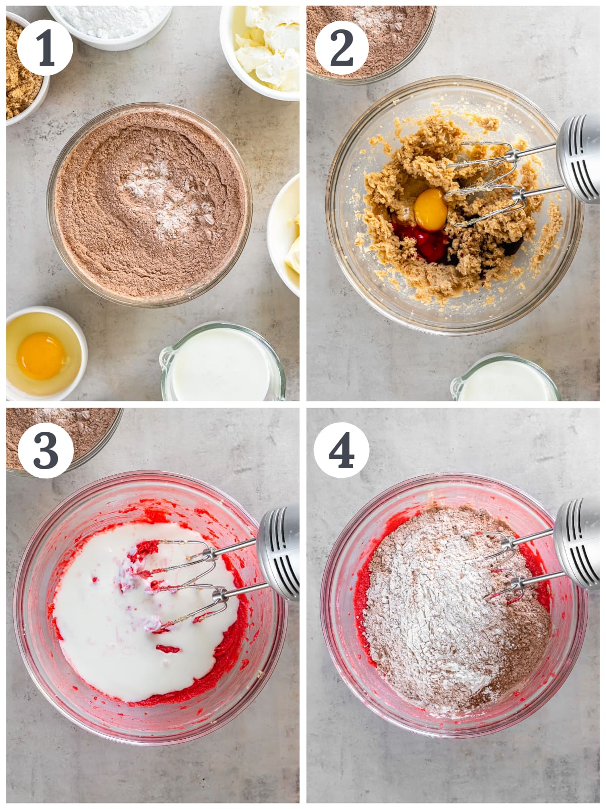 photo collage demonstrating how to make red velvet whoopie pies in a mixing bowl.