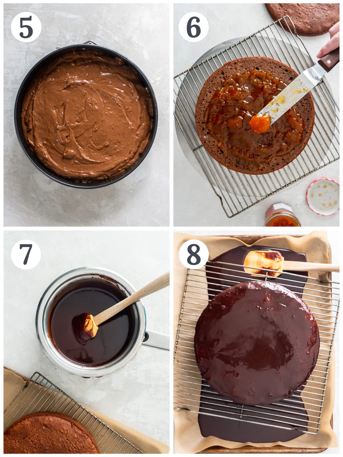 photo collage demonstrating how to assemble sacher torte with apricot jam and make chocolate glaze.