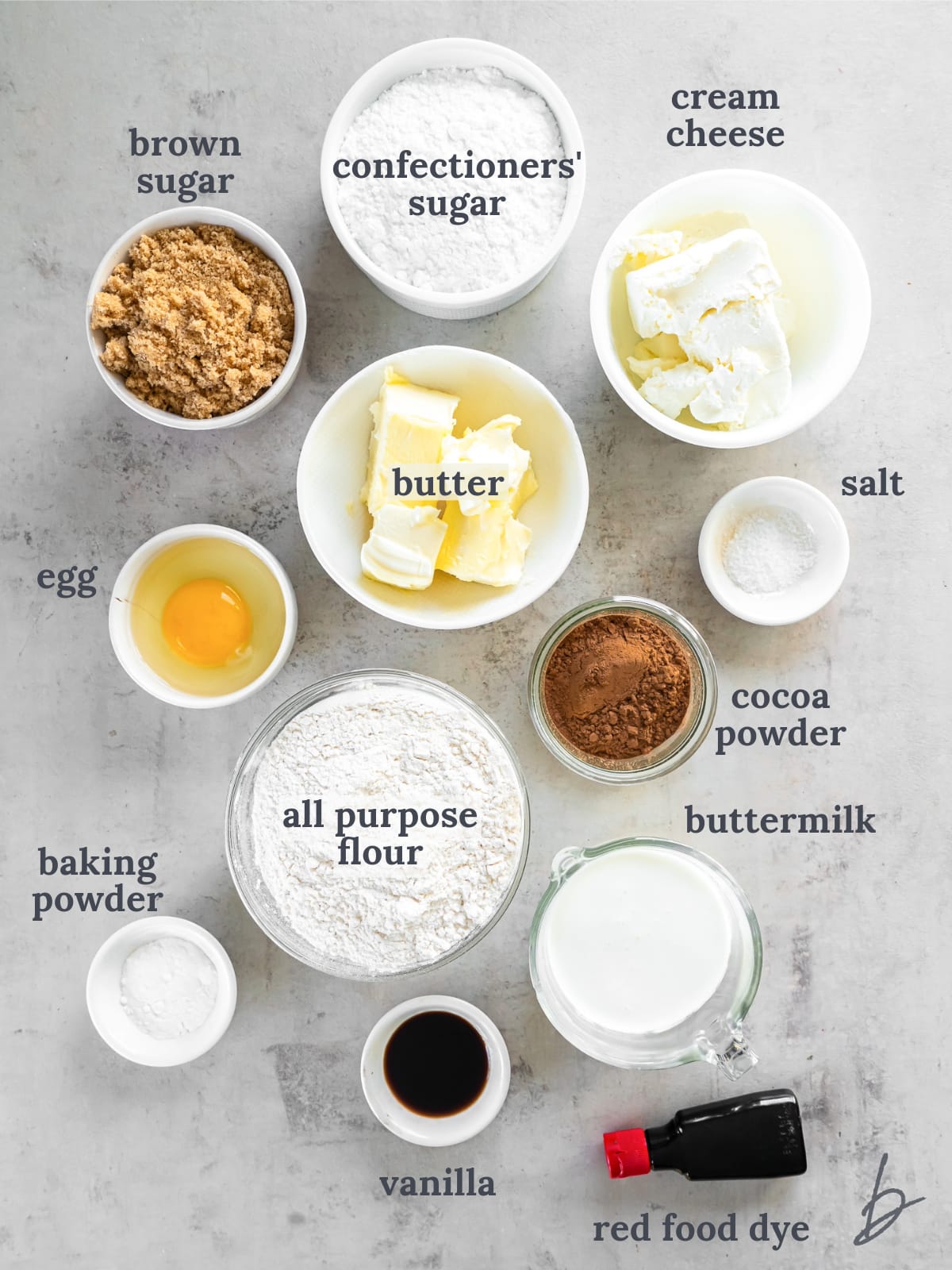 bowls of ingredients to make red velvet whoopie pies.