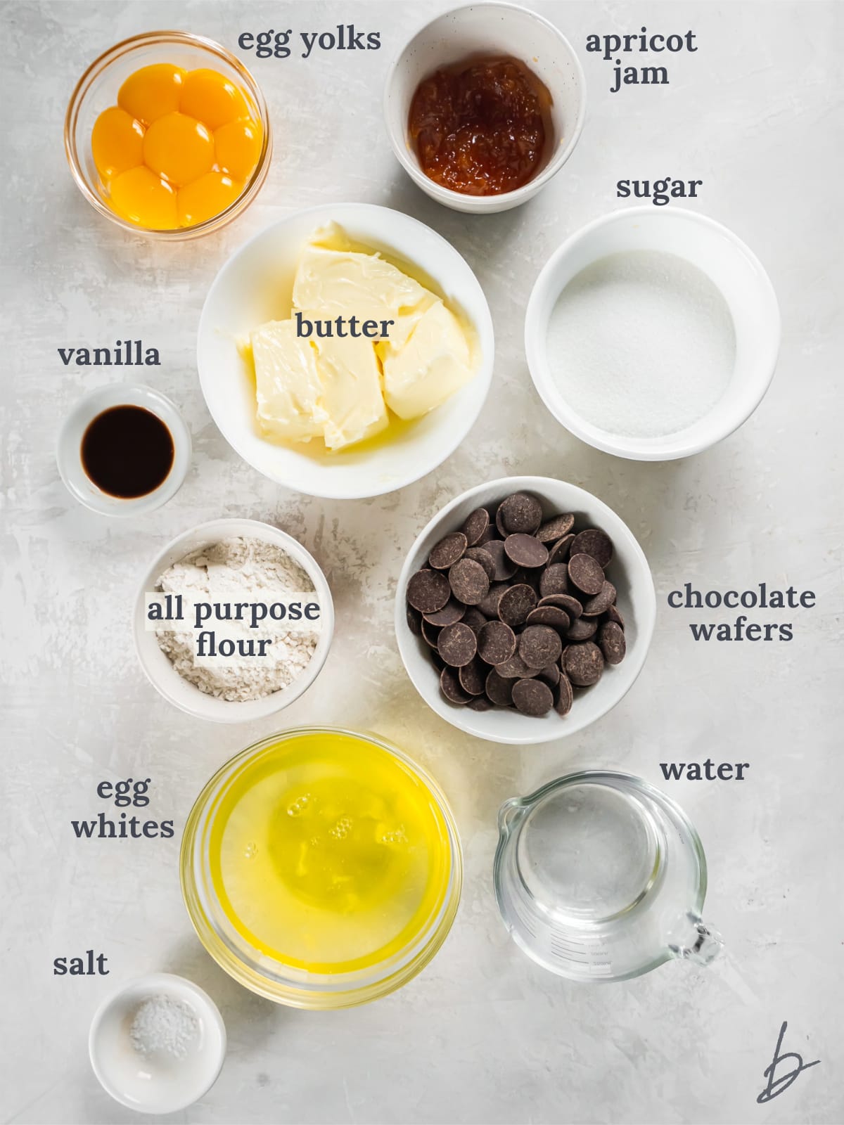 bowls of ingredients to make sacher torte.