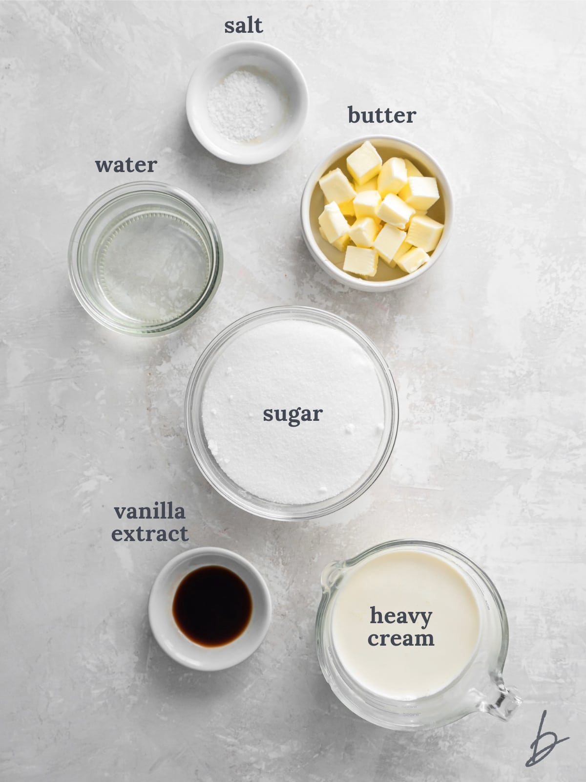 bowls of ingredients to make homemade caramel sauce.