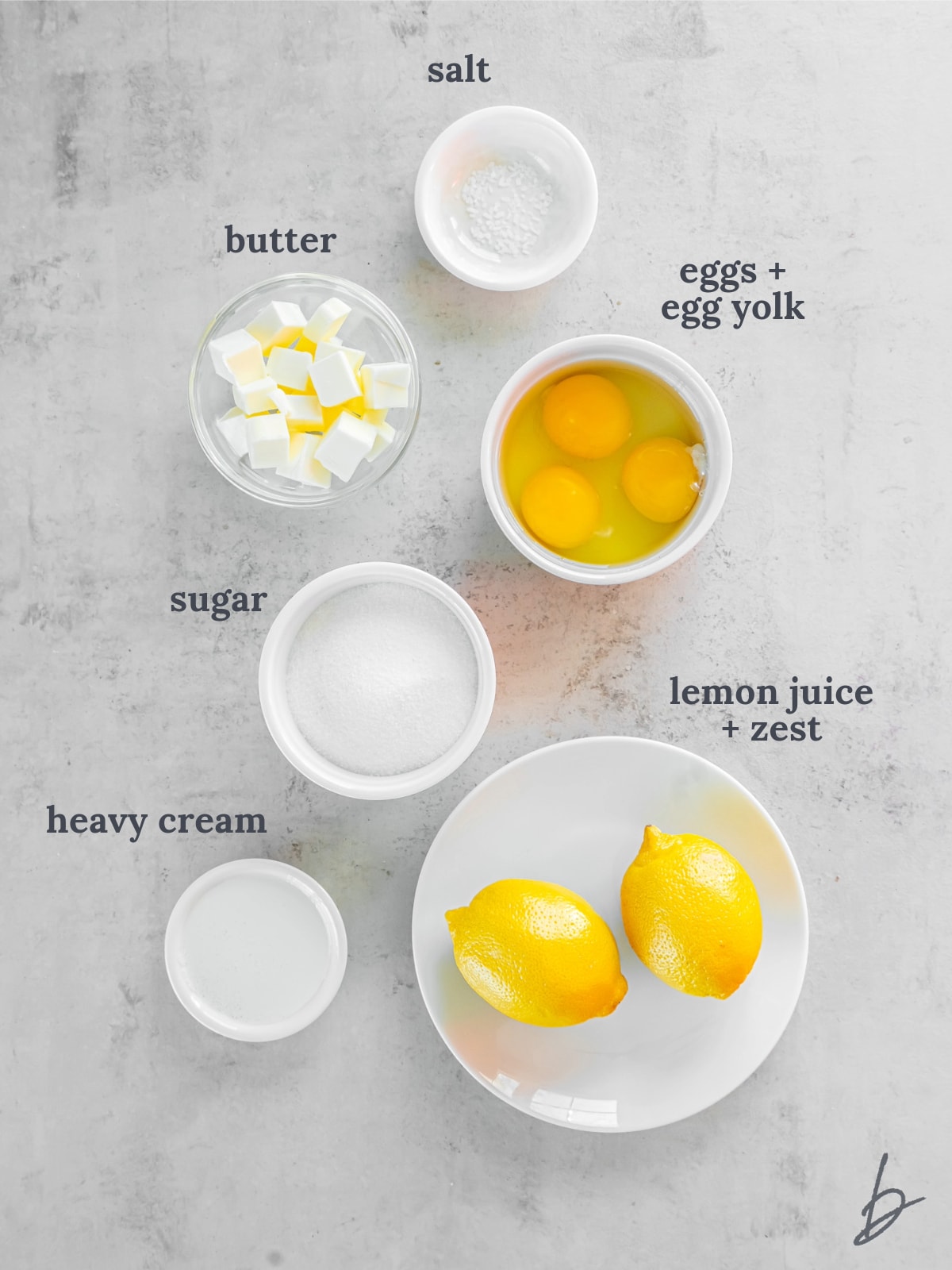 bowls of ingredients to make homemade lemon curd.
