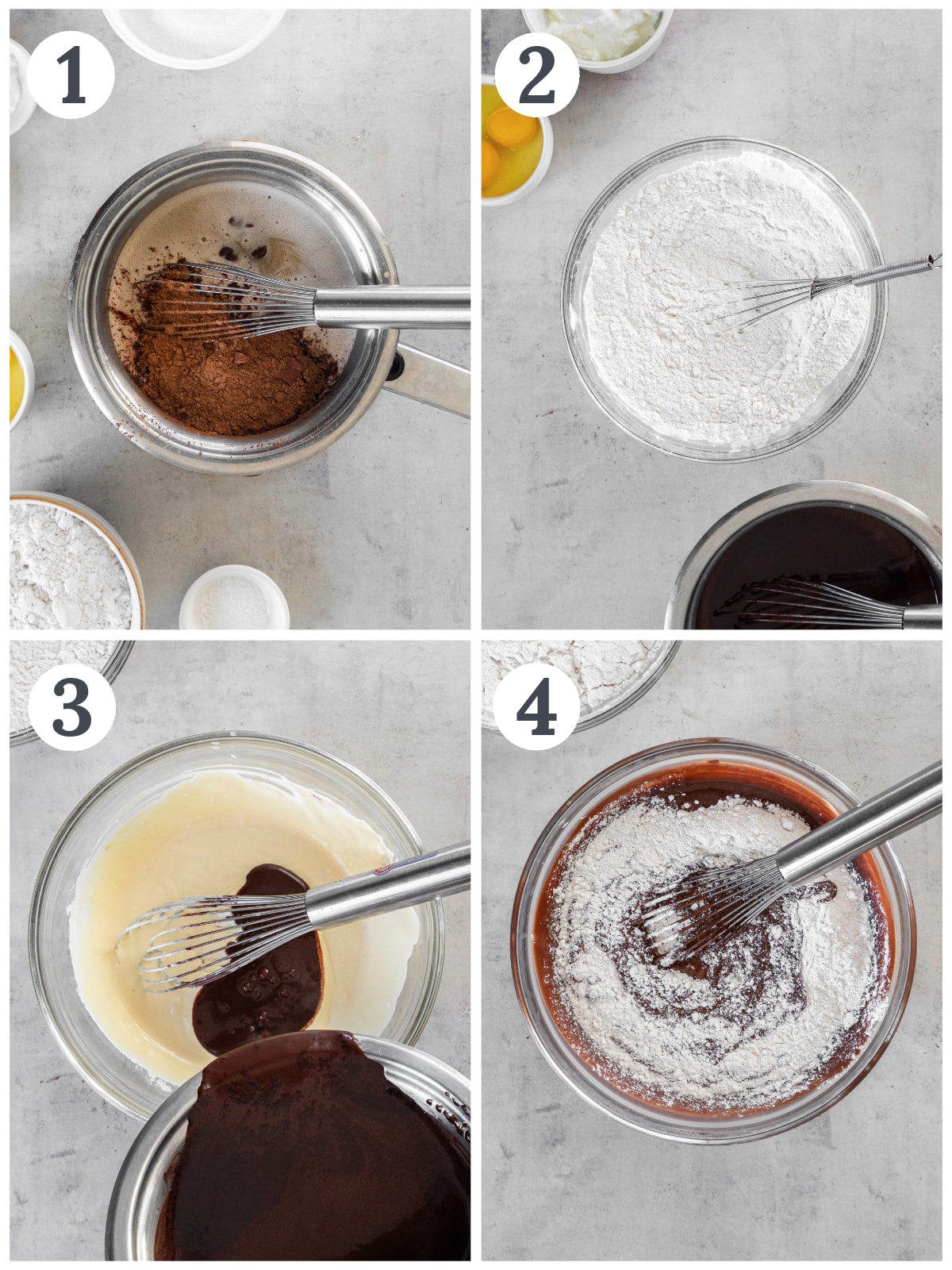 photo collage demonstrating how to make chocolate guinness cake in a mixing bowl and small saucepan to melt chocolate with guinness.