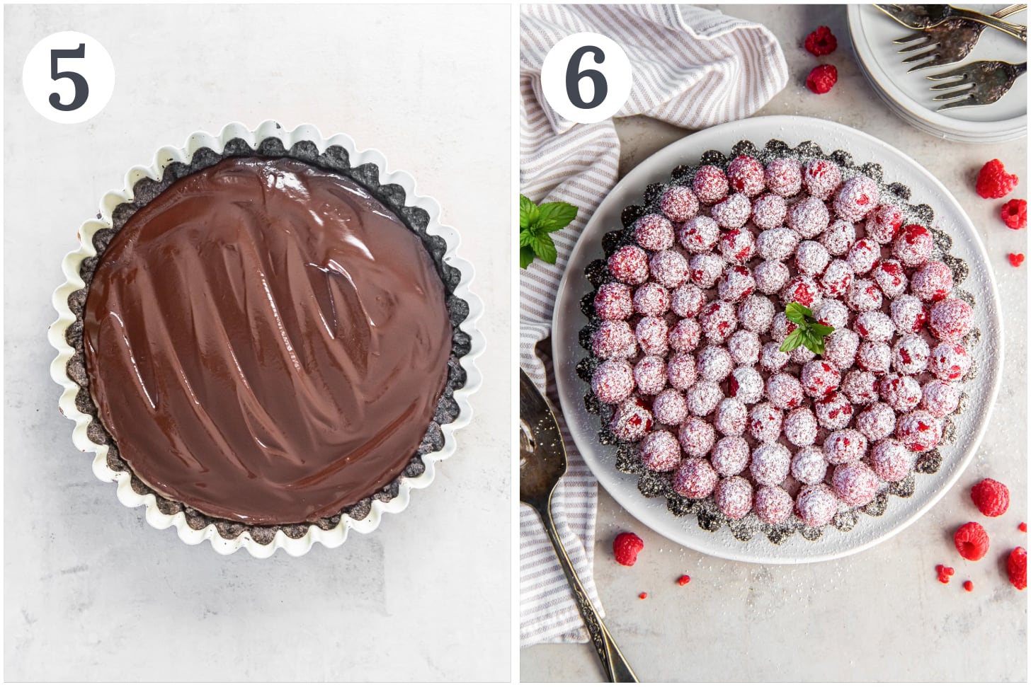 photo collage demonstrating how to fill a tart with chocolate ganache and layer with raspberries.