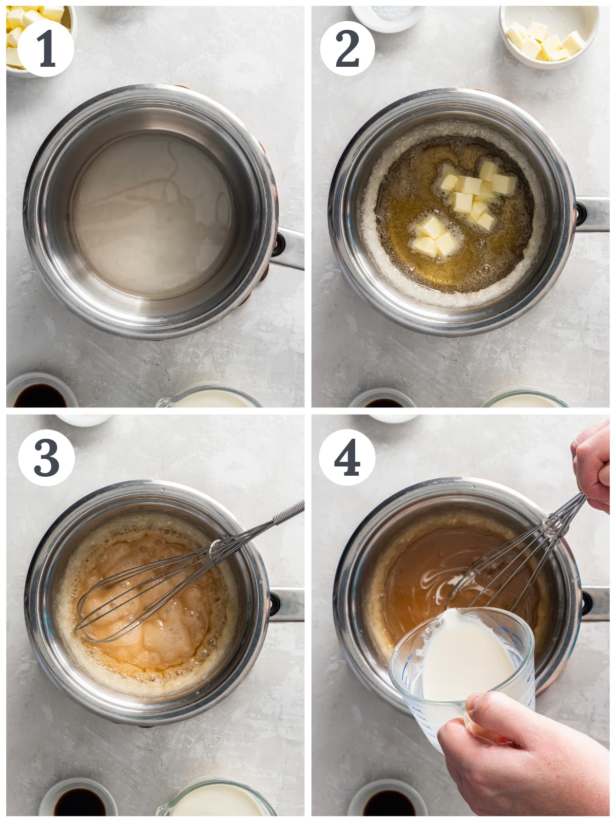 photo collage demonstrating how to make caramel sauce in a saucepan.