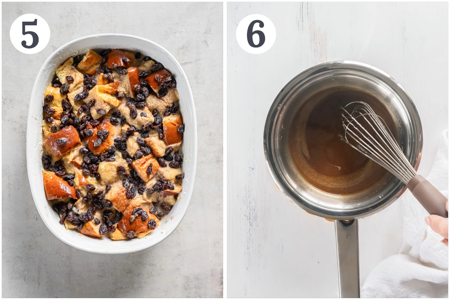 photo collage showing irish bread pudding after the bread has soaked up the liquid and how to make whisk sauce in a saucepan.