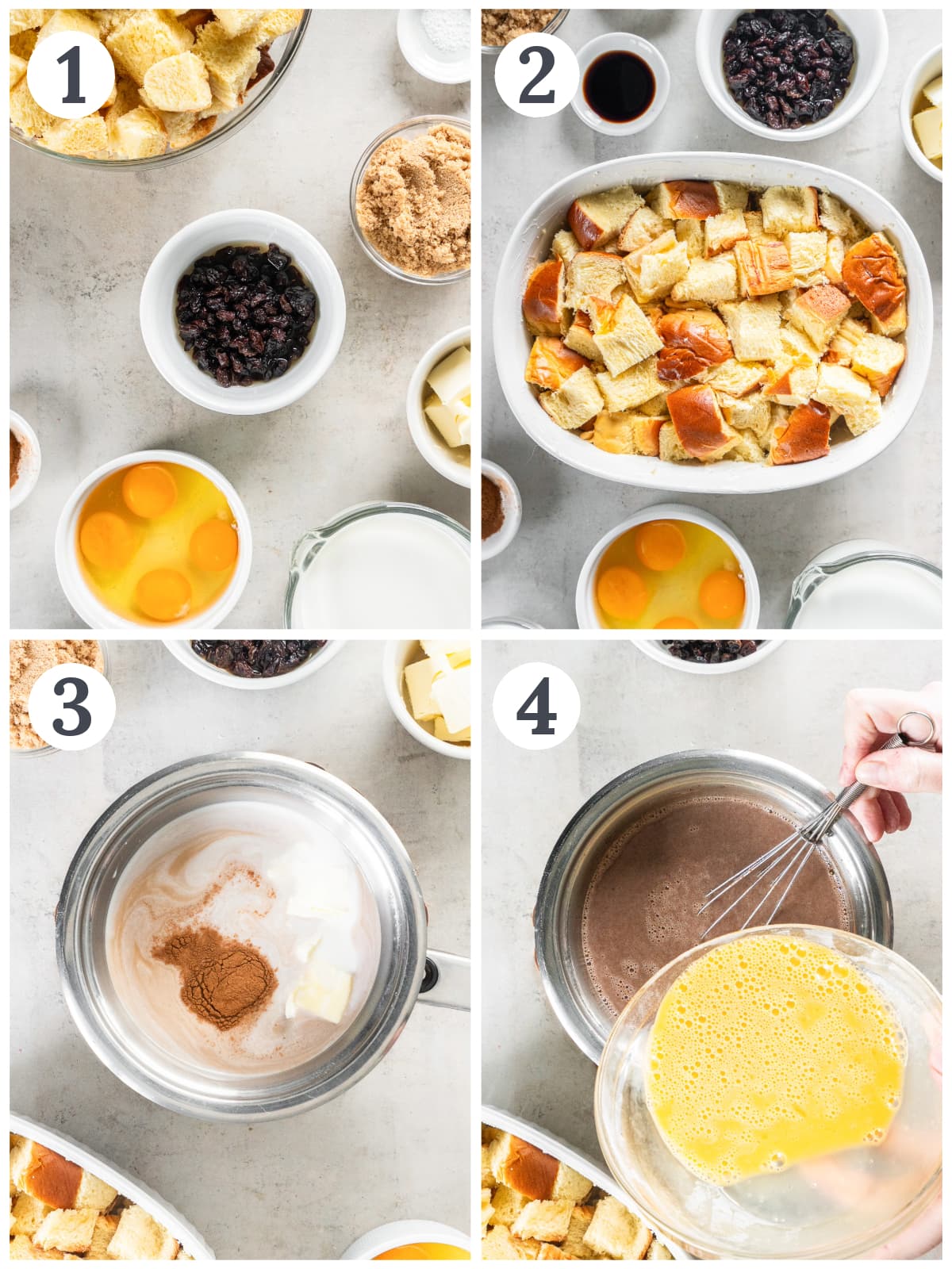 photo collage demonstrating how to make irish bread pudding in a baking dish and saucepan.