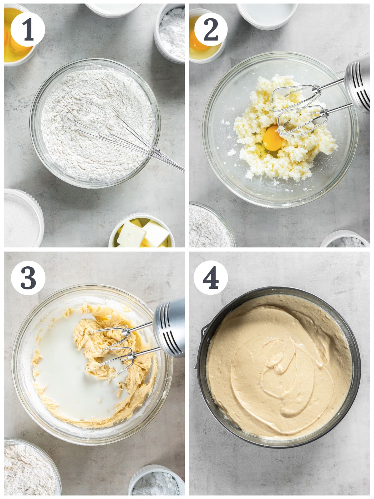 photo collage demonstrating how to make irish tea cake in a mixing bowl and 9-inch cake pan.