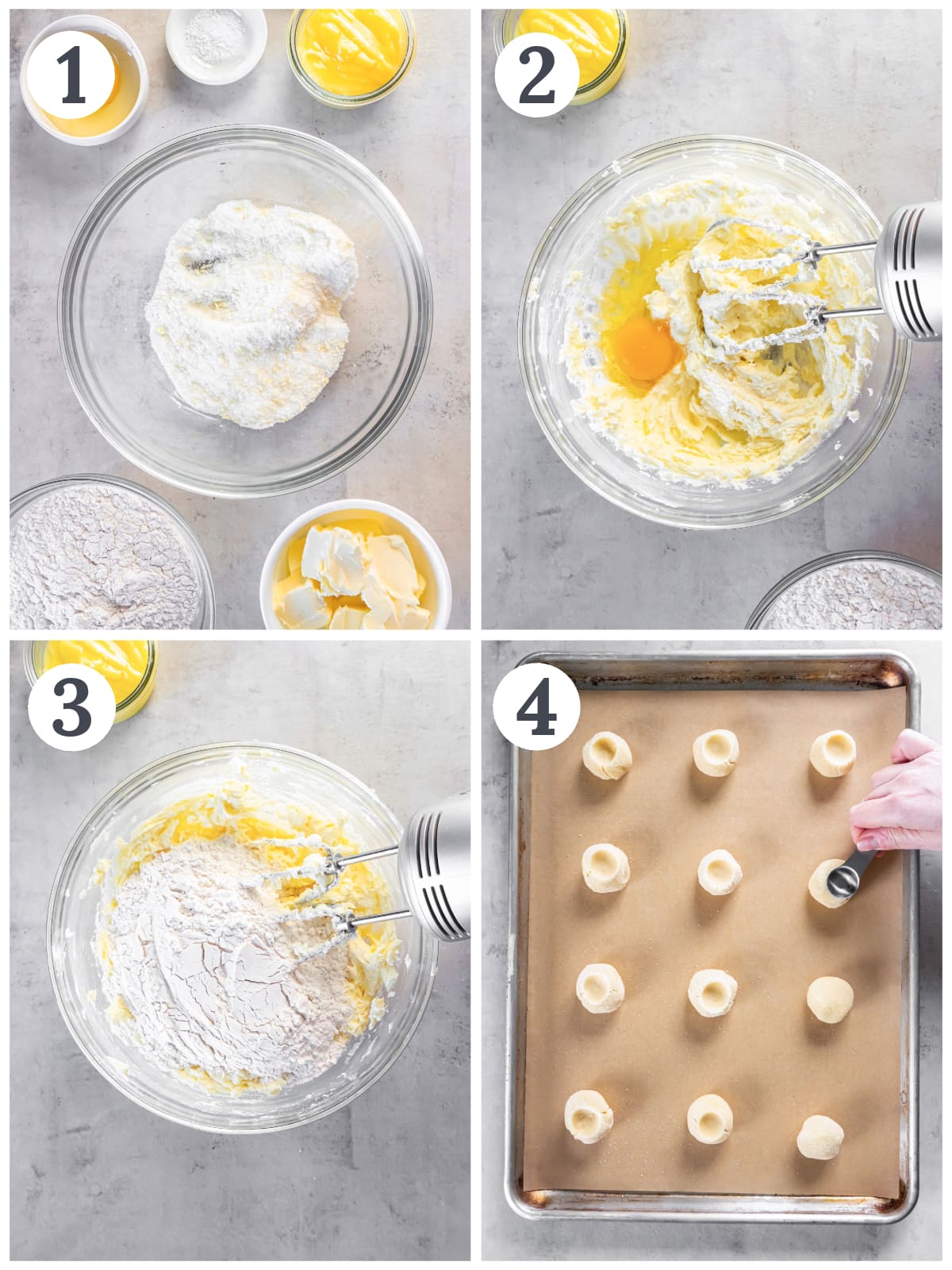 photo collage demonstrating how to make lemon curd cookies in a mixing bowl and press thumbprints in the center of cookies on baking sheet.