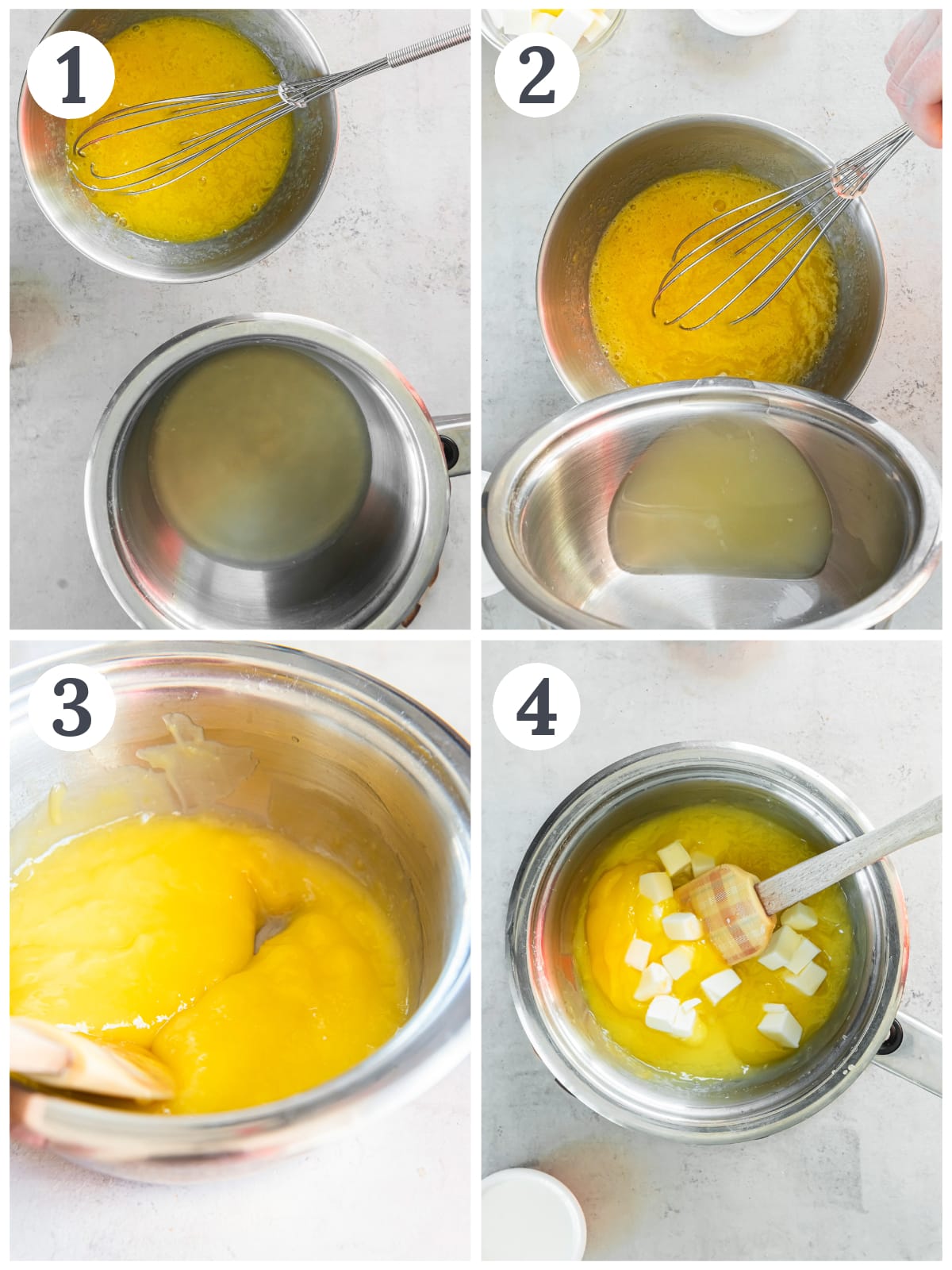 photo collage demonstrating how to make lemon curd in a nonreactive saucepan and bowl.