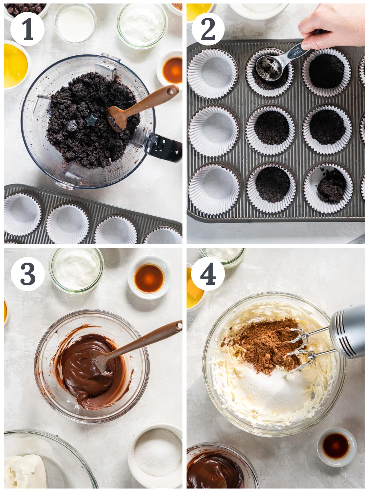 photo collage demonstrating how to make oreo cookie crust in a muffin tin and melt chocolate for cheesecake filling.