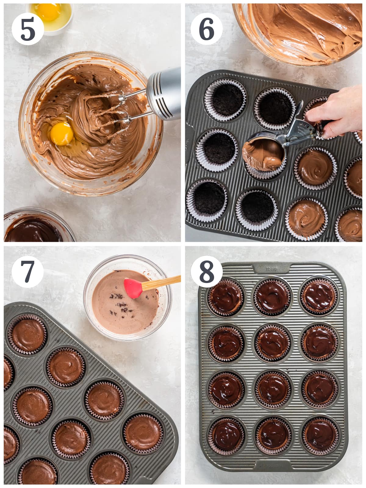 photo collage demonstrating how to make chocolate cheesecake filling and chocolate ganache for mini chocolate cheesecakes in a muffin tin.
