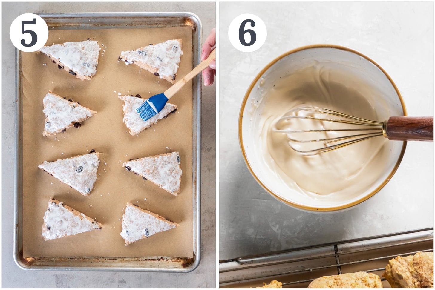 photo collage demonstrating how to brush raisin scones with cream before baking and how to make cinnamon glaze in a mixing bowl.