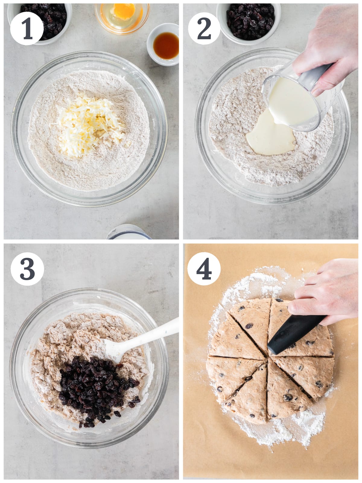 photo collage demonstrating how to make raisin scones in a mixing bowl and cut dough into triangles with a bench scraper.
