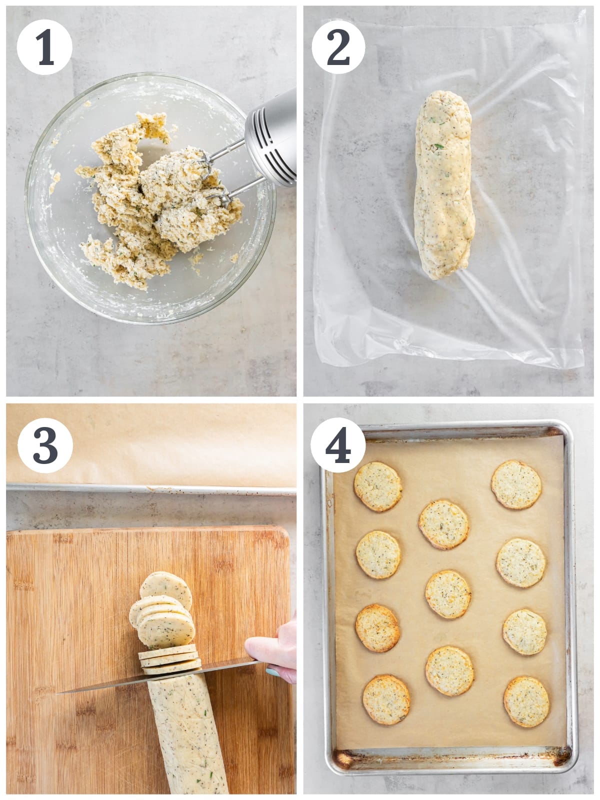 photo collage demonstrating how to make dough for savory shortbread cookies in a mixing bowl and rolled into a log to slice and bake.