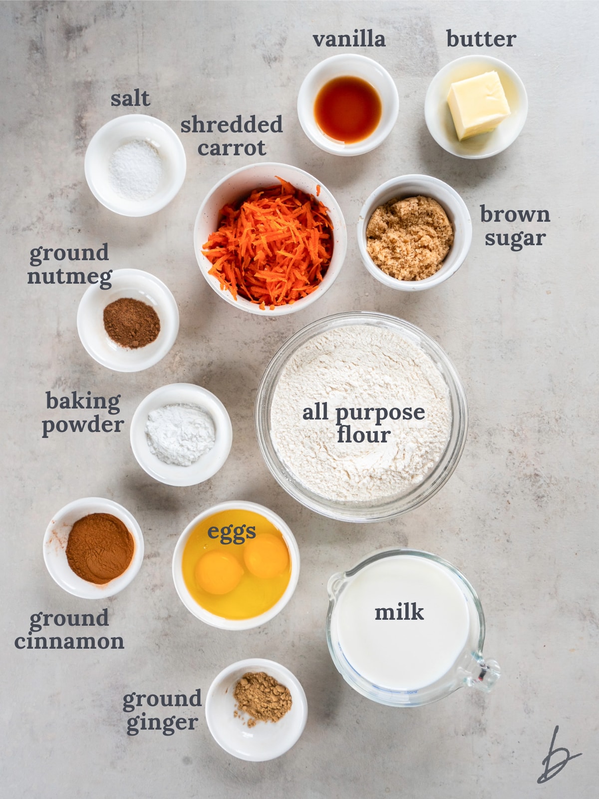 bowls of ingredients to make carrot cake pancakes.