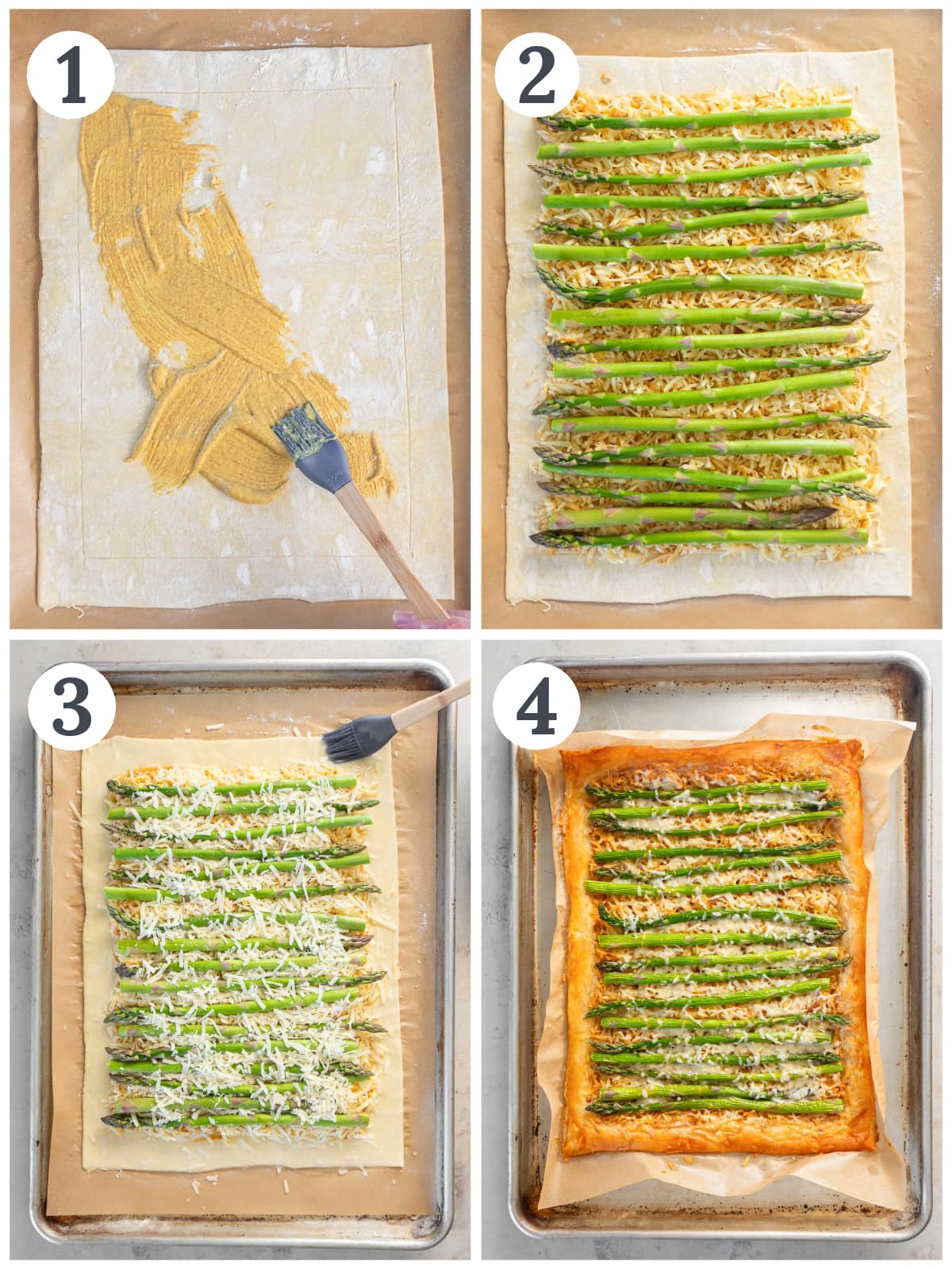 photo collage demonstrating how to make asparagus tart.