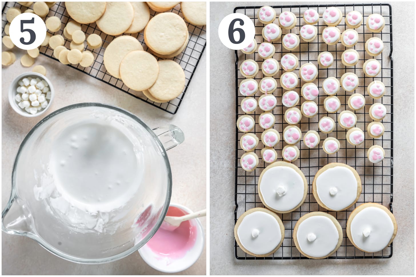 photo collage demonstrating how to make icing and assemble bunny butt cookies.