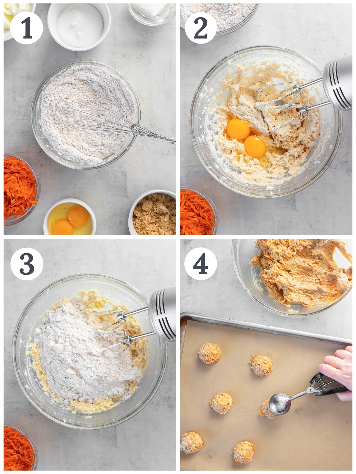 photo collage demonstrating how to make carrot cake cookies in a mixing bowl.