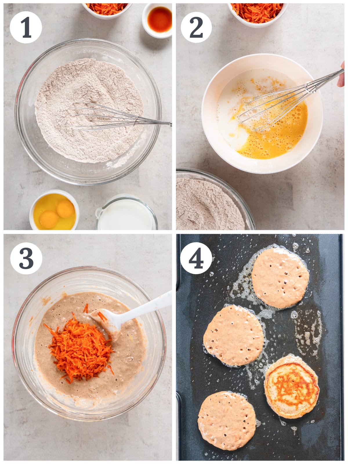 photo collage demonstrating how to make carrot cake pancakes in a mixing bowl and on a griddle.