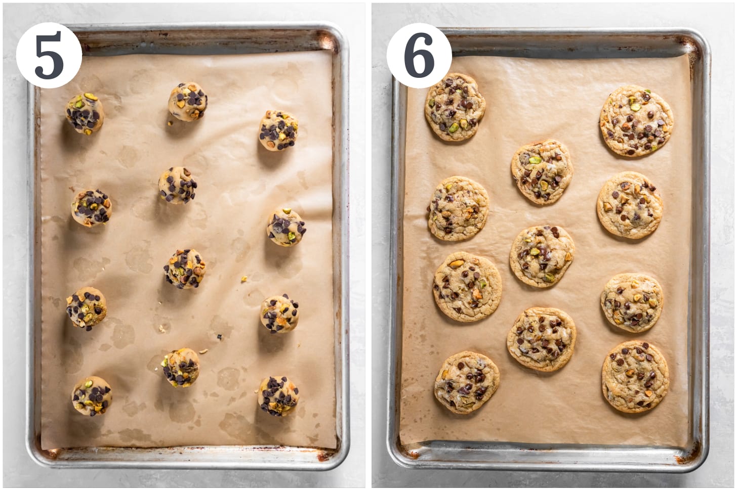 photo collage showing chocolate chip pistachio cookies on a baking sheet before and after being baked.