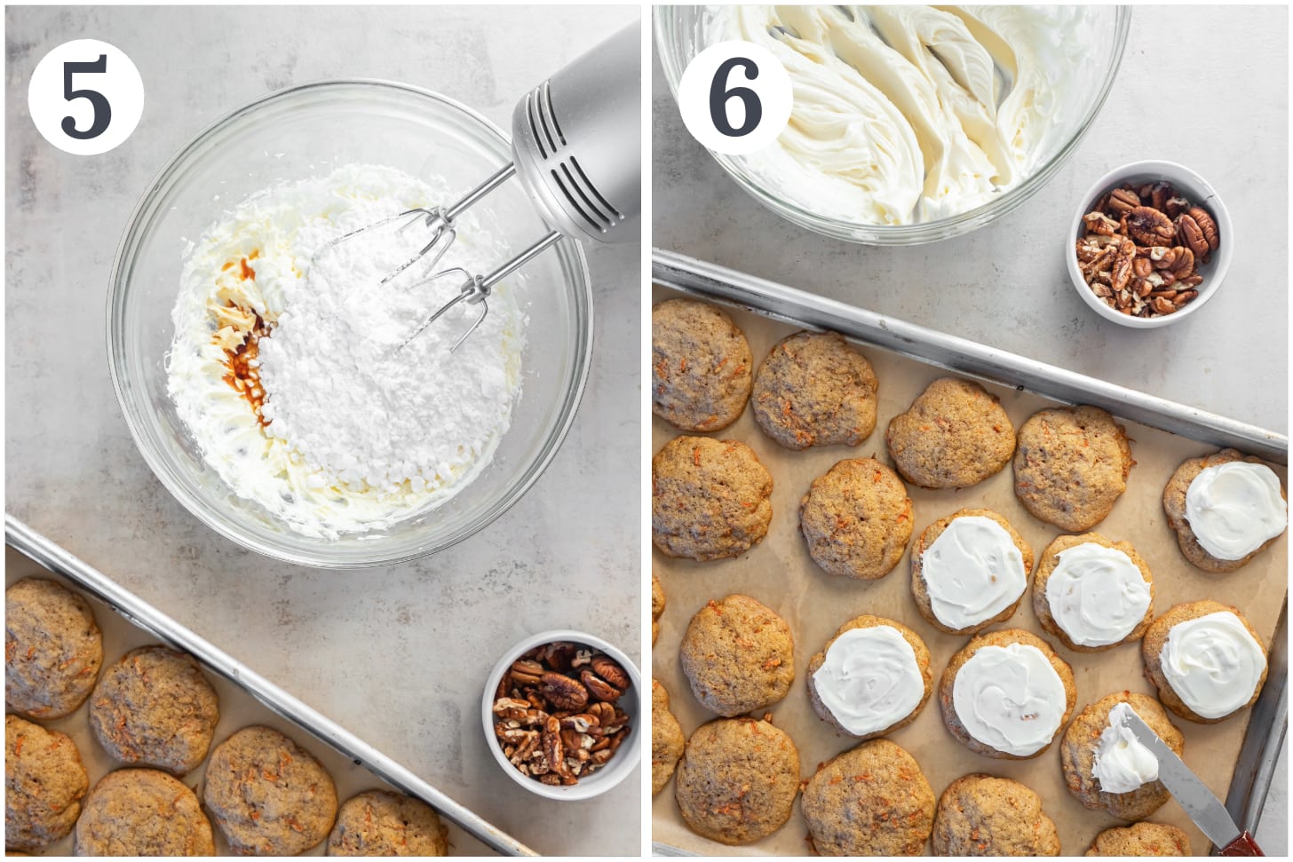 photo collage demonstrating how to make cream cheese frosting for carrot cake cookies.