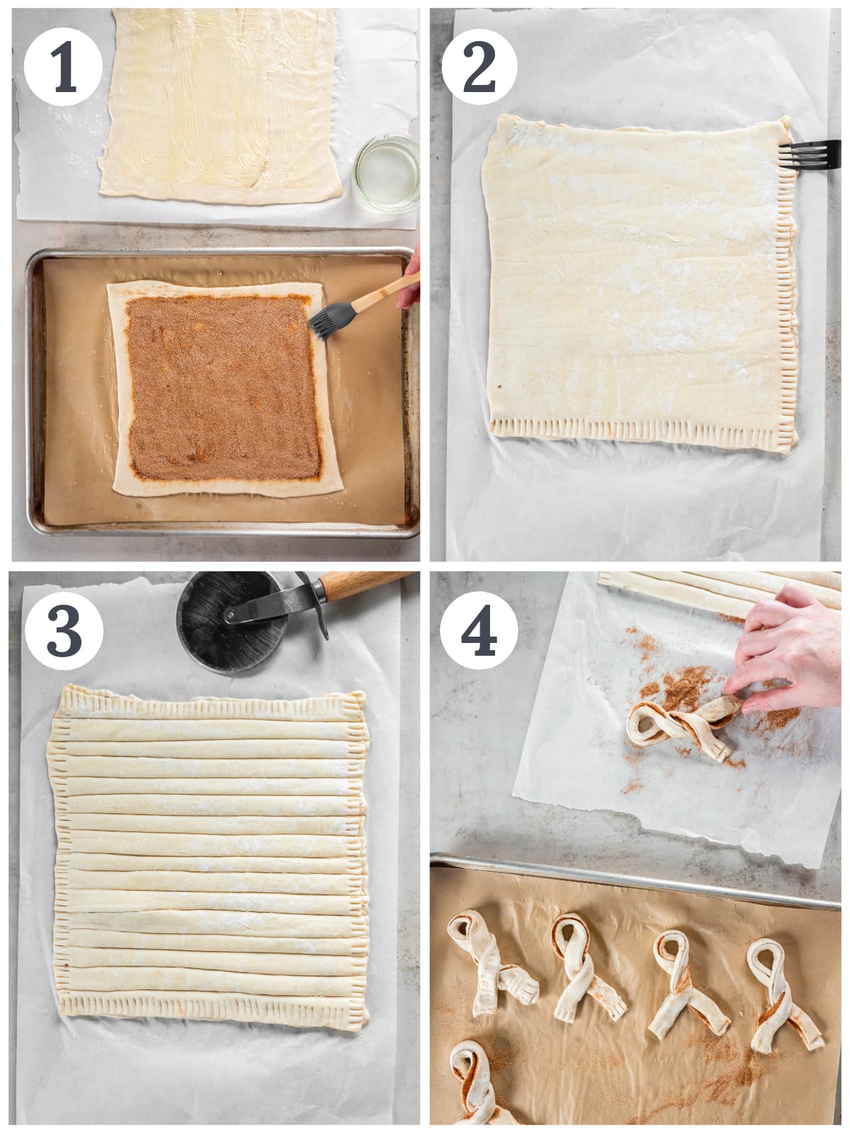 photo collage demonstrating how to assemble and fill puff pastry to make easter bunny twists.