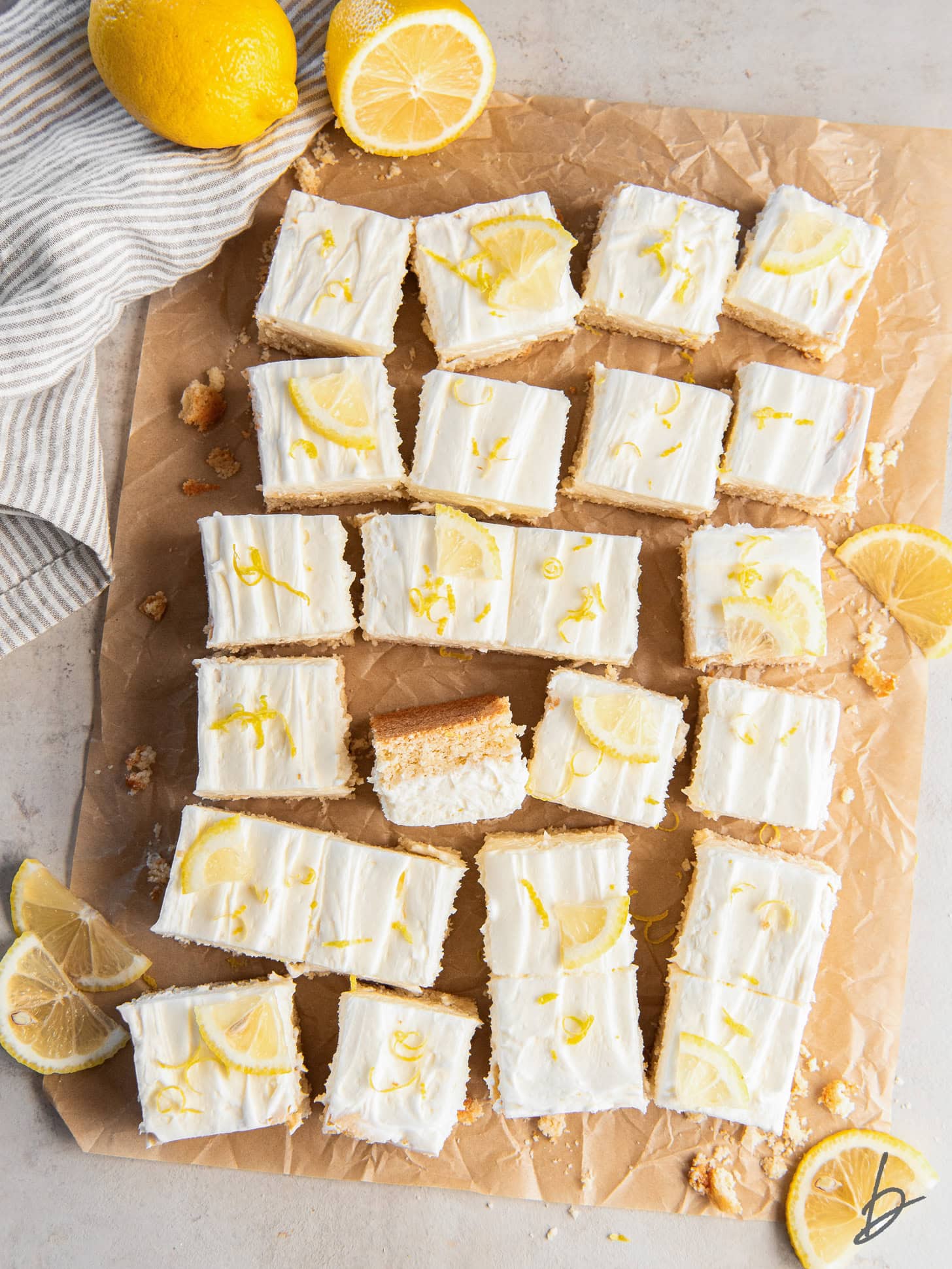 frosted lemon sugar cookie bars cut into square on parchment paper.