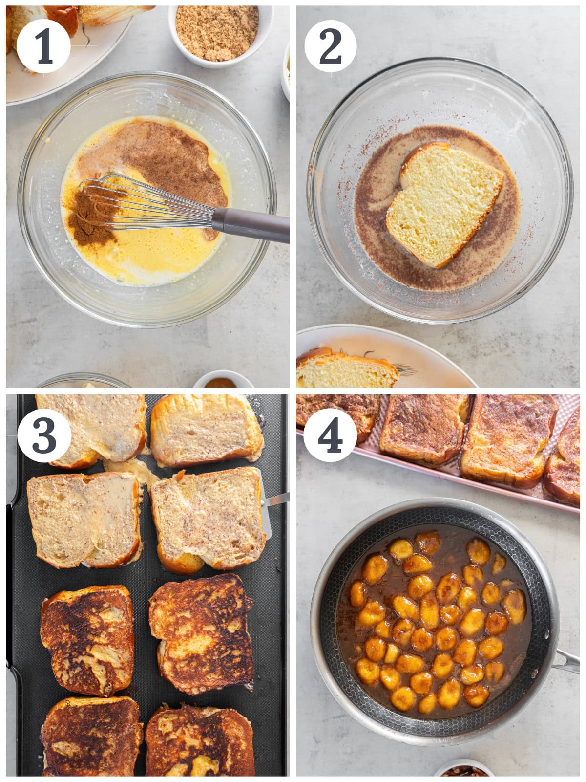 photo collage demonstrating how to make french toast in a mixing bowl and griddle and how to make bananas foster topping in a skillet.