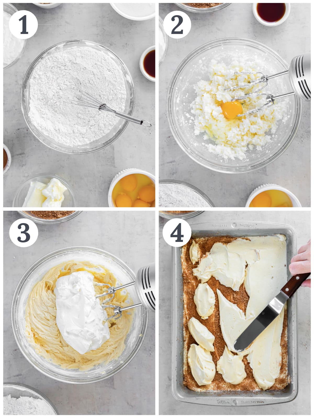 photo collage demonstrating how to make honey bun cake in a mixing bowl and a 9x13 pan.