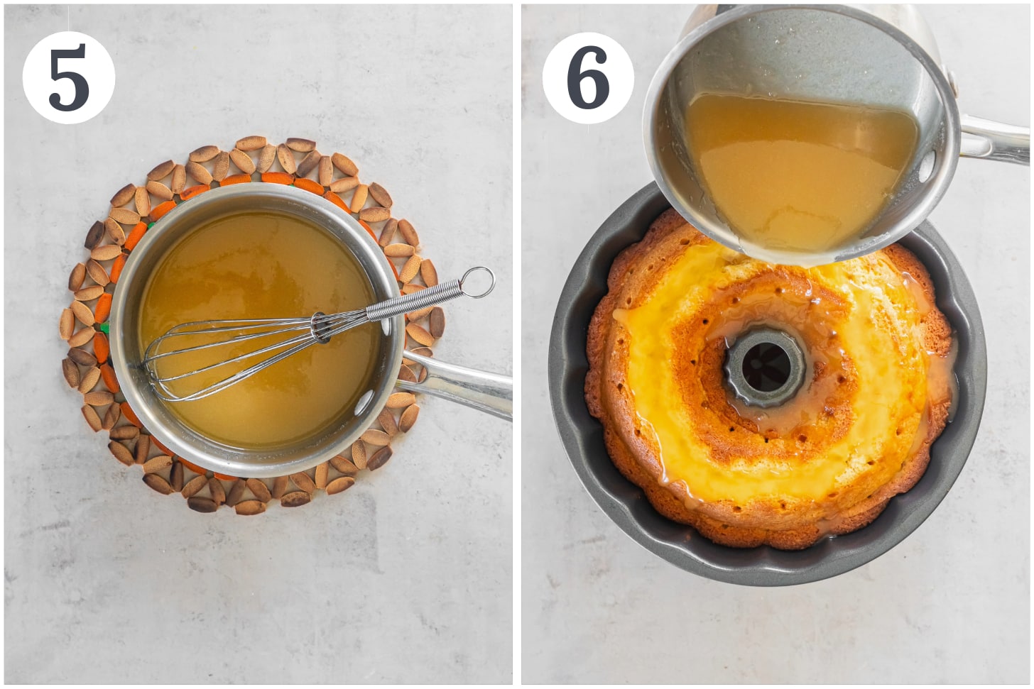 photo collage demonstrating how to make butter sauce in a saucepan and pour it over baked butter cake in bundt pan.