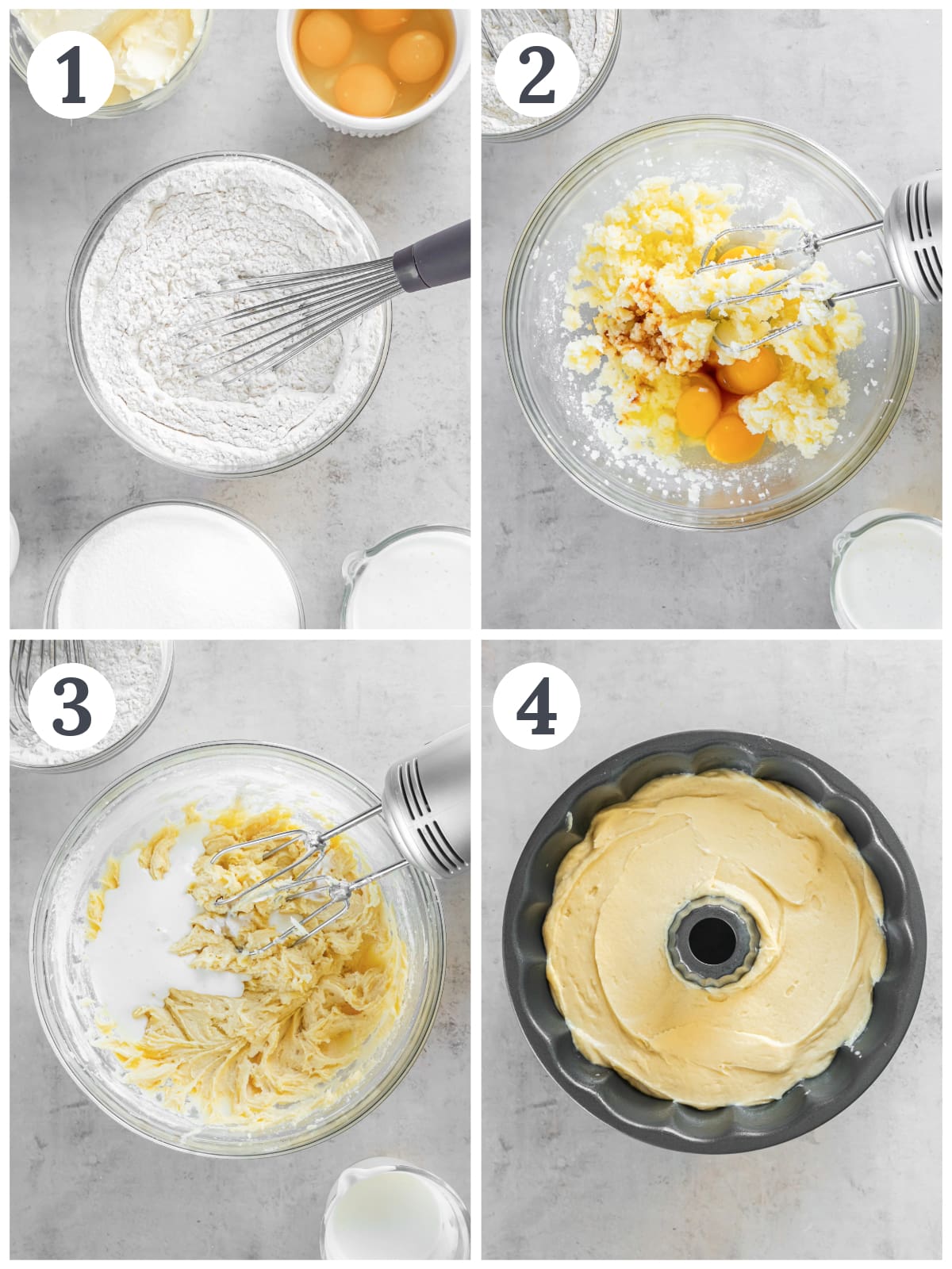 photo collage demonstrating how to make kentucky butter cake in a mixing bowl and bundt pan.