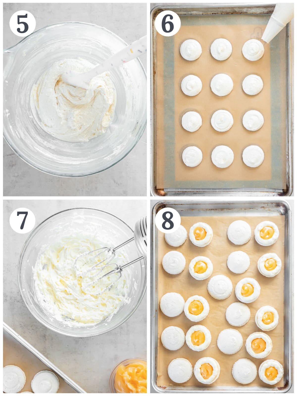 photo collage demonstrating how to pipe macarons on a baking sheet, and make lemon buttercream to fill macarons with.