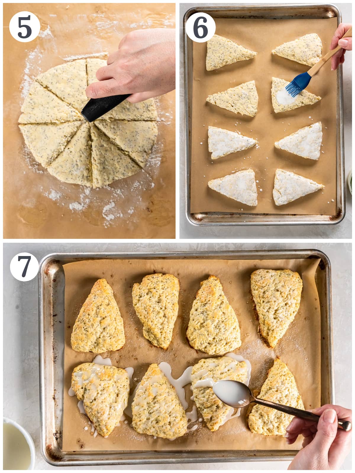 photo collage demonstrating how to shape and bake lemon poppy seed scones and add a glaze.